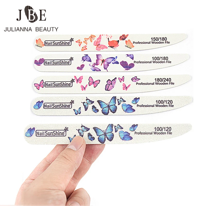 

20Pcs Wood Nail Files 100/180/240 Lima Wooden Nail File Smooth lines Butterfly Designs White Sanding Professional Nail Tools