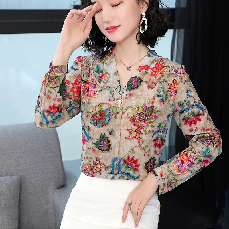 

Fashion Floral Long Sleeve Blouses Shirts for Women Spring Autumn Work Wear Ladies Elegant V-neck Chiffon Blouse Clothes Tops