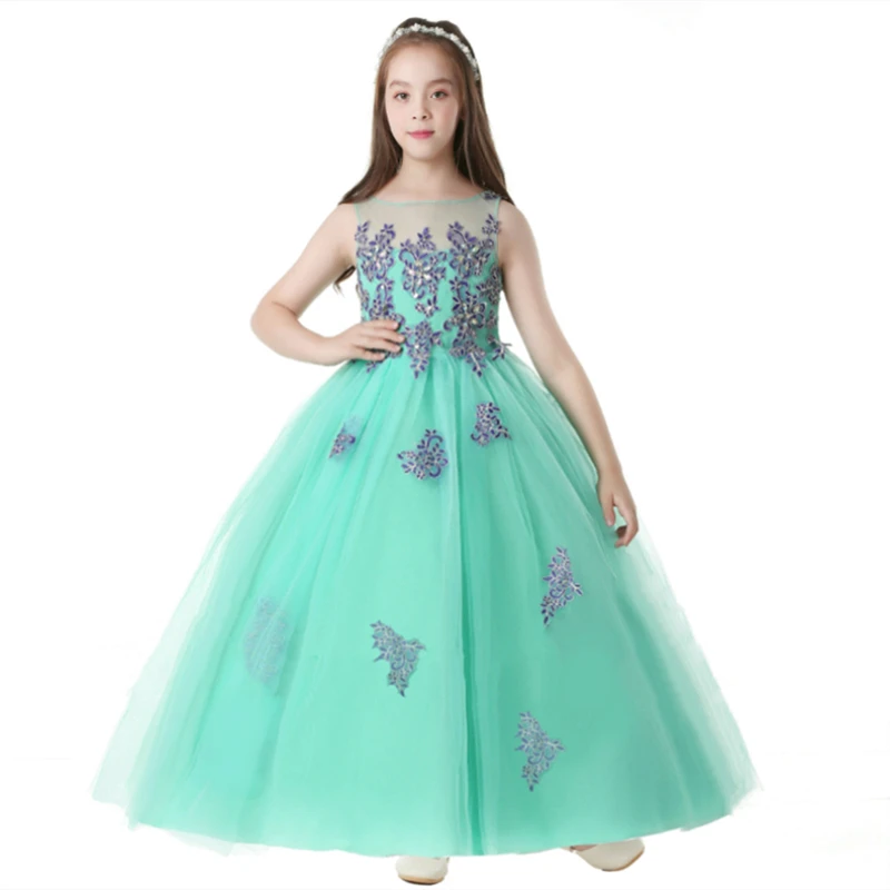 Free Shipping Child Party Dress 2021 New Arrival Green Girl Dresses For 14 Years Lace Appliques Kids Evening Gowns Ankle Length |
