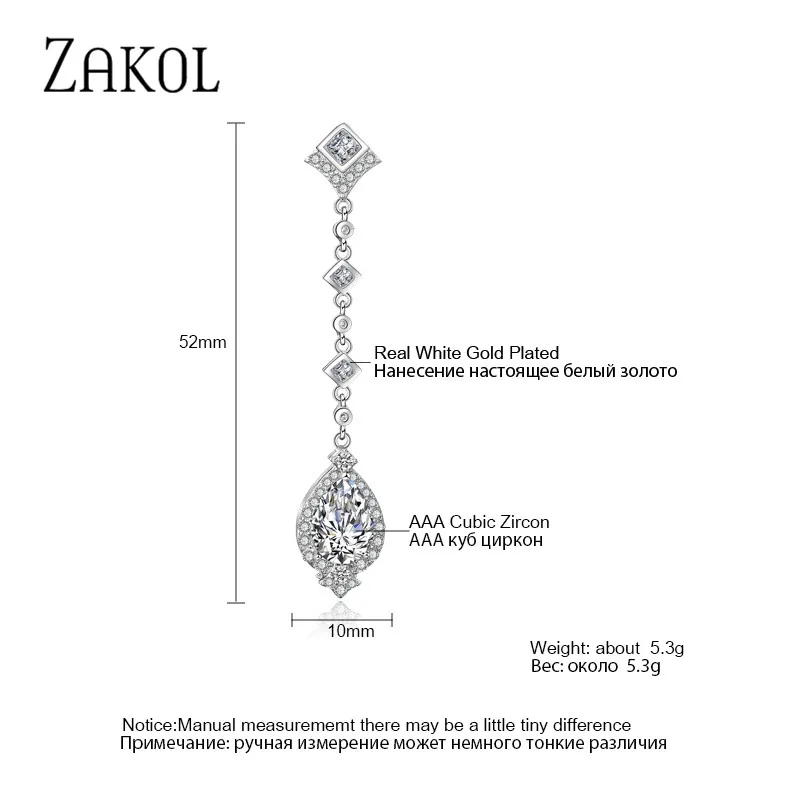 ZAKOL, Классический крой, CZ, прозрачные Висячие висячие серьги, длинная водяная капля в форме, ювелирные изделия для Европы, для женщин, свадебные, FSEP2055
