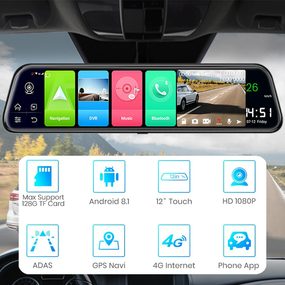 Видеорегистратор автомобильный 12 дюймов 4G Android ADAS GPS Wi Fi|Видеорегистраторы| |