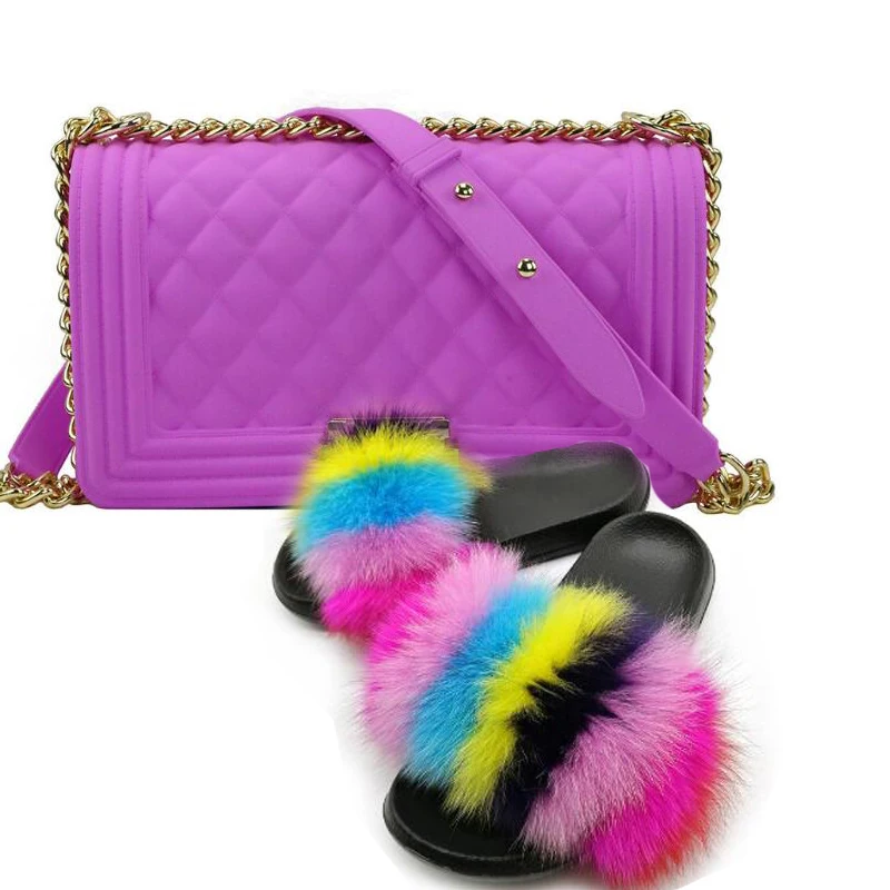 

Women Classic Jelly Candy Color Handbag Fluffy Fur Slippers Set Ladies Home Furry Fur Slides Purse Gift Plsuh Rainbow Flip Flops