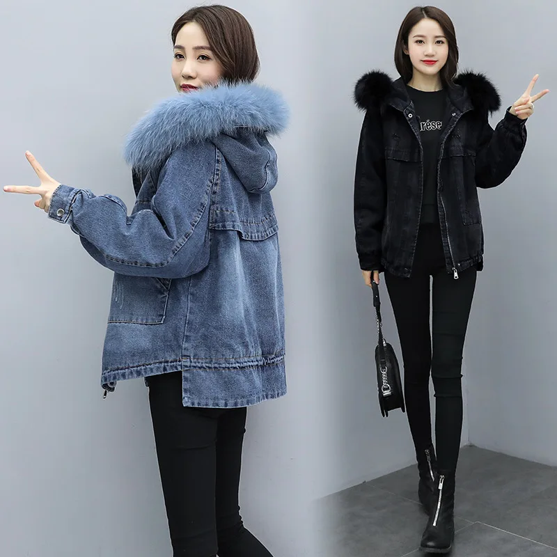 Vintage Winter Coat Denim Jacket Ladies Plus Velvet Thick Korean Loose Fur Collar Hooded Cowboy Fleece Parka Mujer Abrigos Y505