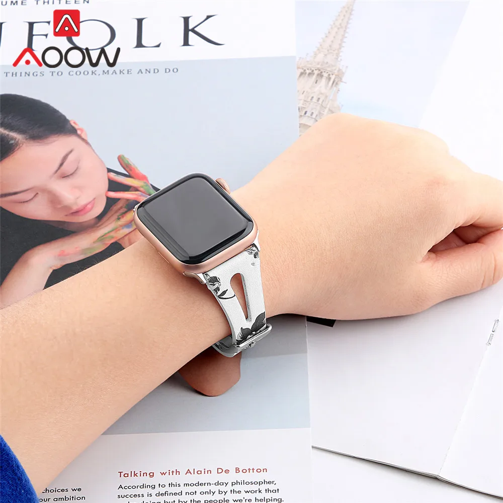 Ремешок из натуральной кожи с принтом для Apple Watch 40 мм 44 мм для iwatch 38 мм 42 мм ремешок серии 4 3 2 1 браслет аксессуары