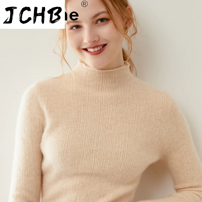 SHZQJCHB Autumn Sweaters for Women 100% Wool Woman Pullover Knitted Sweater Winter Female Half Collar Clothes Pulls Femme TN953