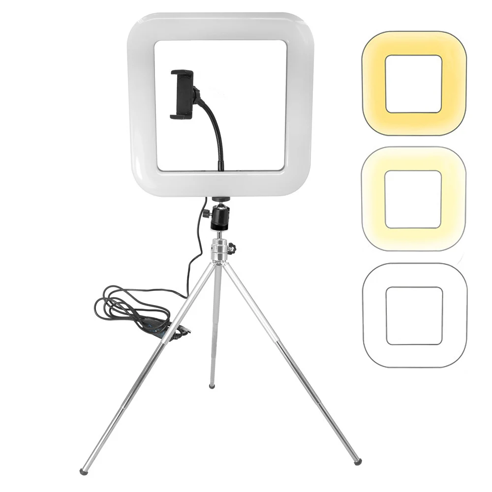 

BiColor 11inch Square Light Dimmable LED Selfie Ring Lights for Live Studio Makeup Photography Ringlight Lamp with Tripod Clips