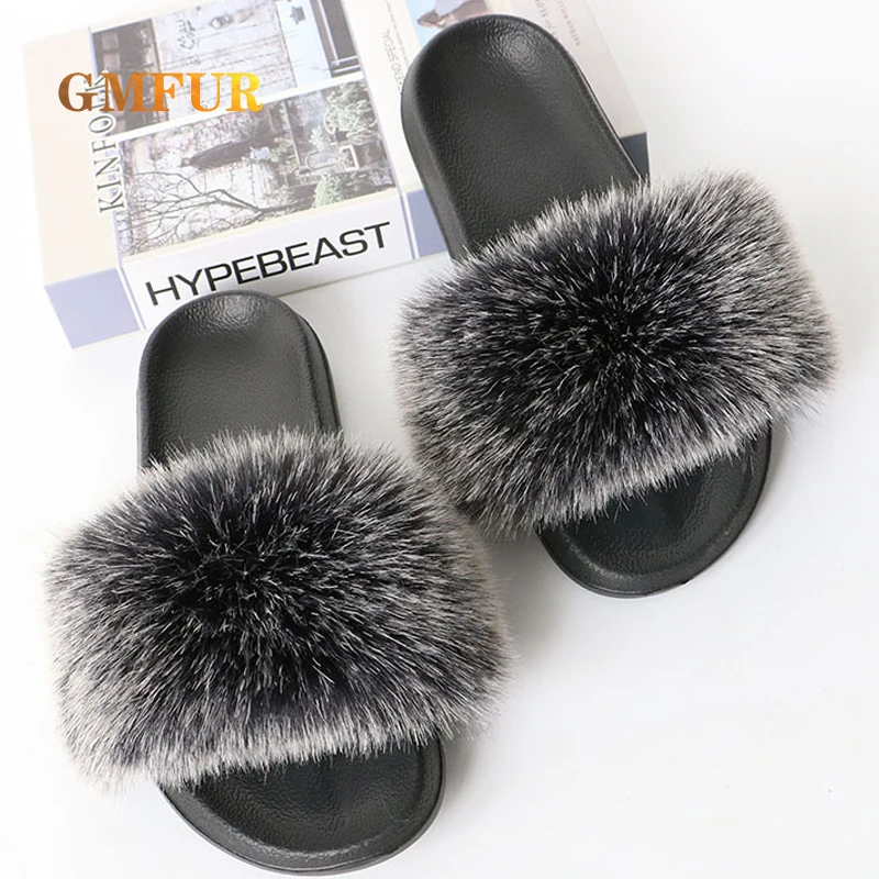 

Ladies Faux Fur Slippers EVA Sole Women Slides Indoor Home Platform Flip-Flops Outdoor Beach Shoes Ladies Sandals