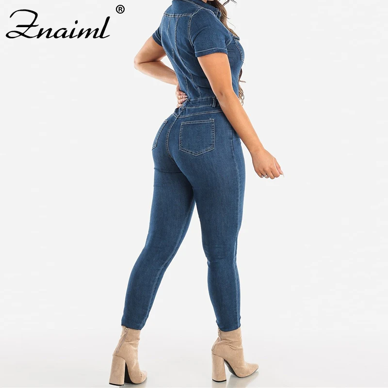 Комбинезон женский джинсовый с коротким рукавом пикантный однобортный