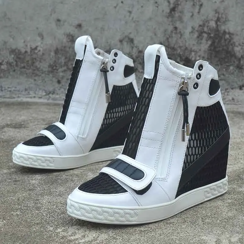 

Chic Women Wedge High Hidden Heel Nightclub Sneakers Lace Up Ankle Boots Breathable Shoes Round Toe Side Zip Leather Punk Black