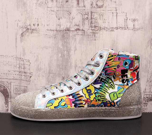 Green Silver Rhinestone Print Men Flat Shoes Hip-Hop Punk