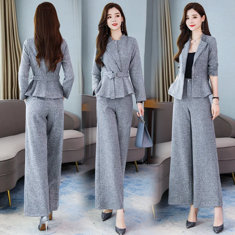 

Fashion Tweed Suit Woman Two Piece Women Pants Sets Wide Leg Pants Belt Luxury 2 Piece Set Ensemble Femme Deux Pieces Clothes
