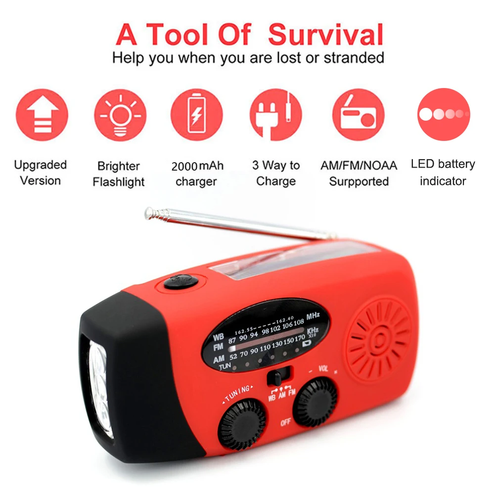 Portable Solar Radio Hand Crank USB Charger Radio AM/FM/WB NOAA Weather Radio Emergency Use 3 LED Flashlight 2000mAh Power Bank