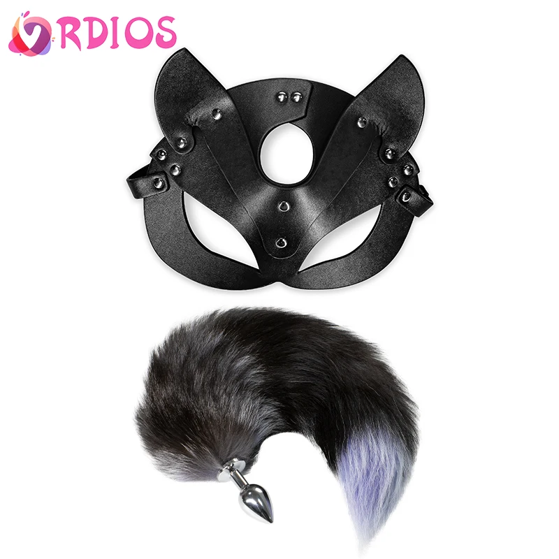 Анальная пробка vrбог с металлической лисой комплект маской и ошейником анальная