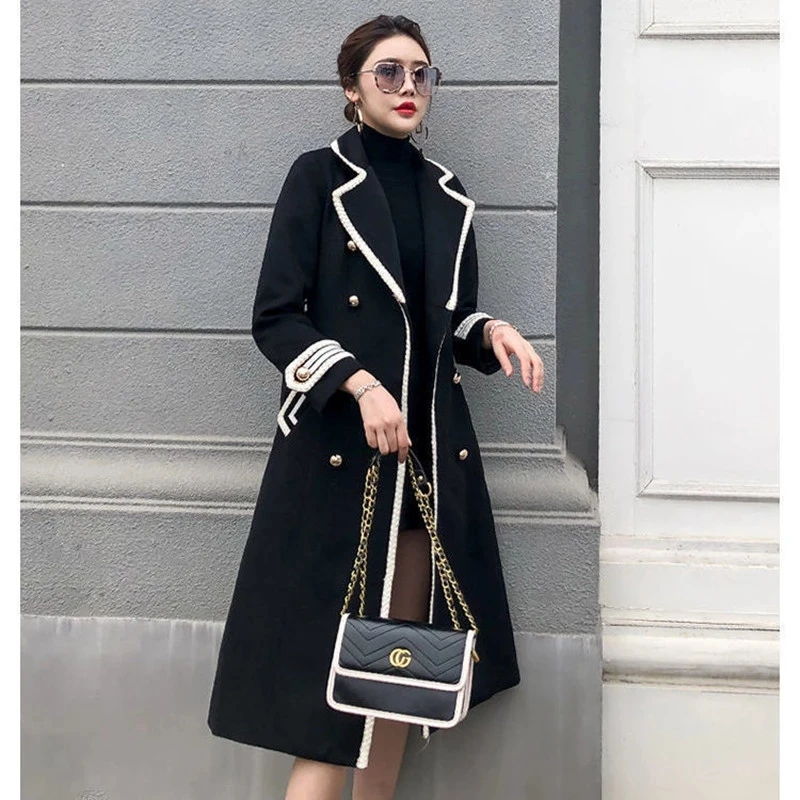 

Women Woolen Coat Long Trench Coat Autumn Winter Fashion Lady Black White Casual Blend Woolen Outerwear Sashes Woolen Outerwear