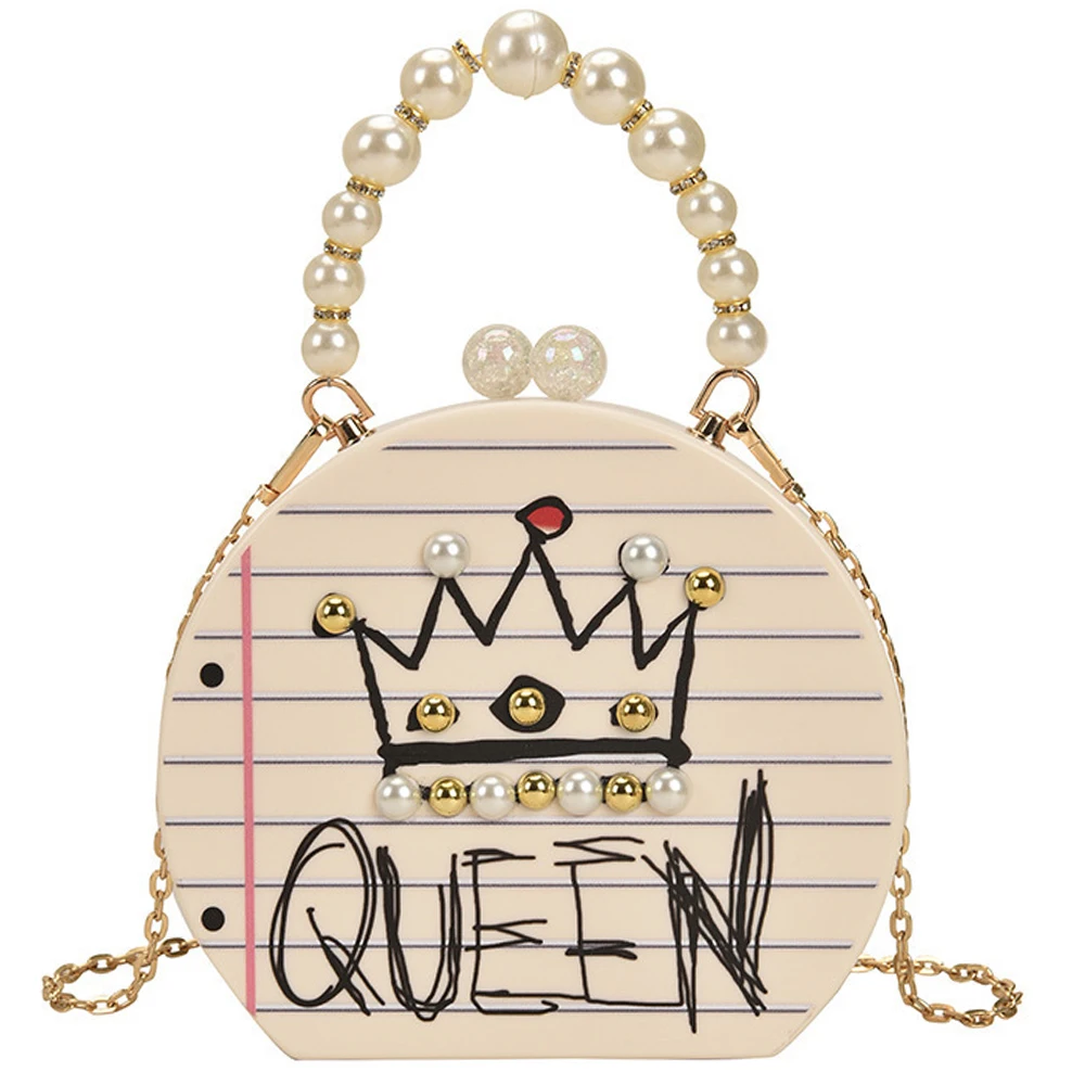 

Pearl Beading Handbags For Women Queen Letters Shoulder Bags Ladies Luxury Brand Evening Purses Female Acrylic Design Satchels