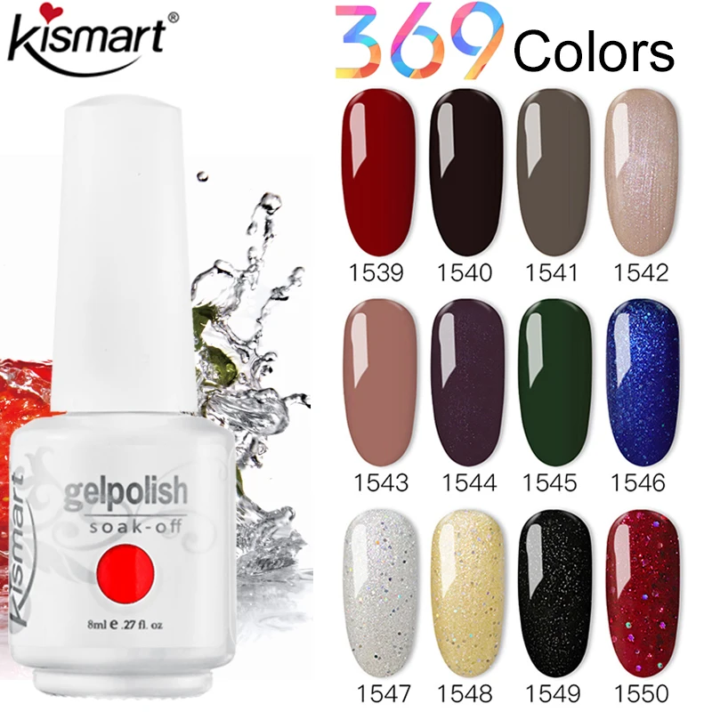 

Gel Nail Polish Nail Color 8ml Kismart Nail Gel varnish Soak Off UV Gel Varnish Base Coat No Wipe Top Coat 369 Fashion Colors