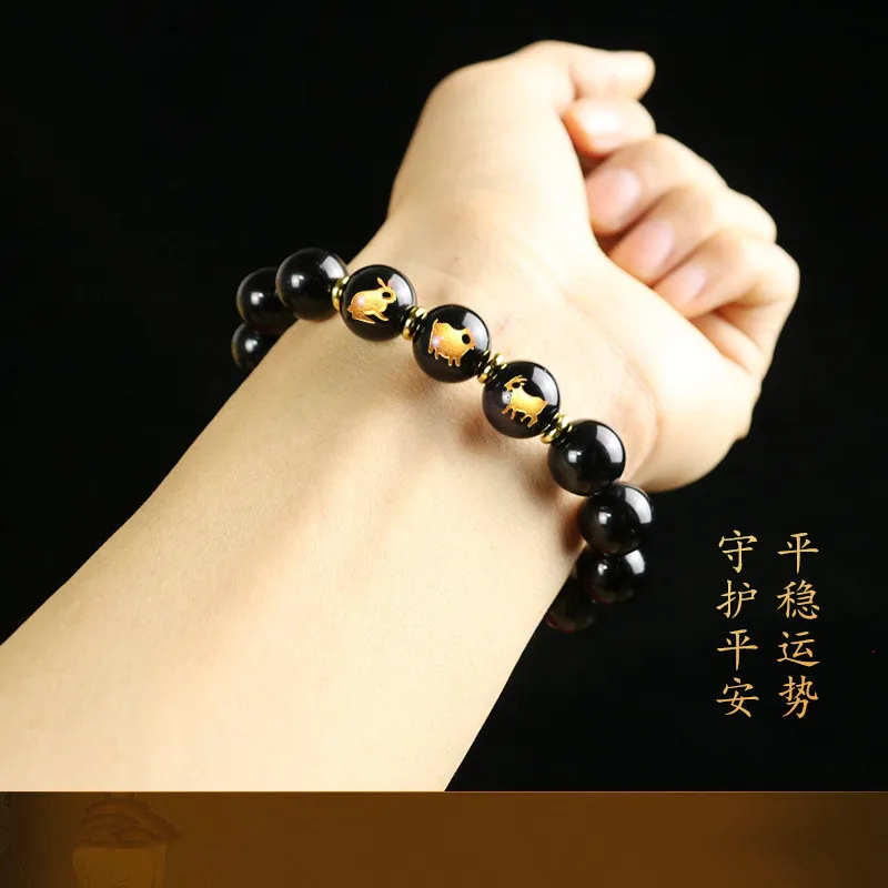 Натуральный красный агат черный обсидиан 12 китайского зодиака повезло браслет