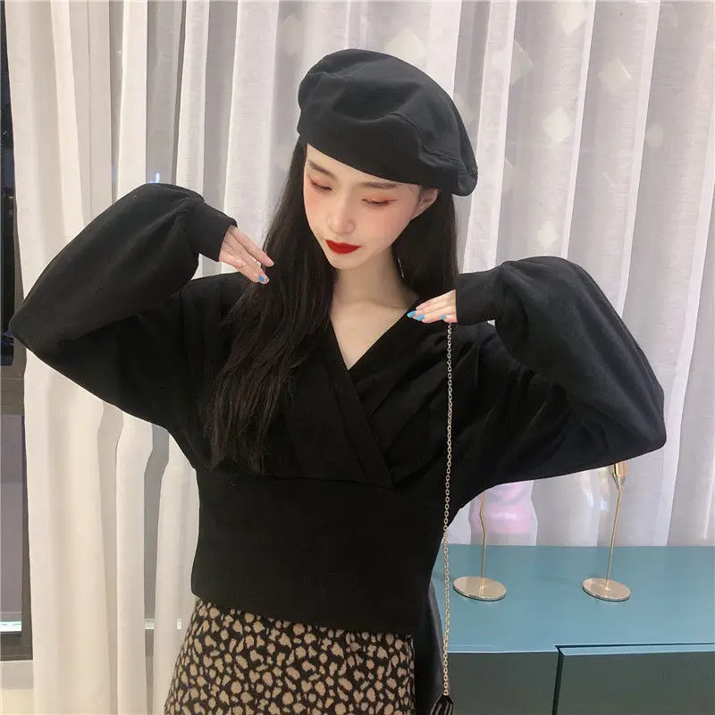 

Hoodies Women V-neck Crop Top Pleated Elegant Autumn Long Sleeve All-match Sweet Korean Style Fashion Vintage Casual Sweatshirts