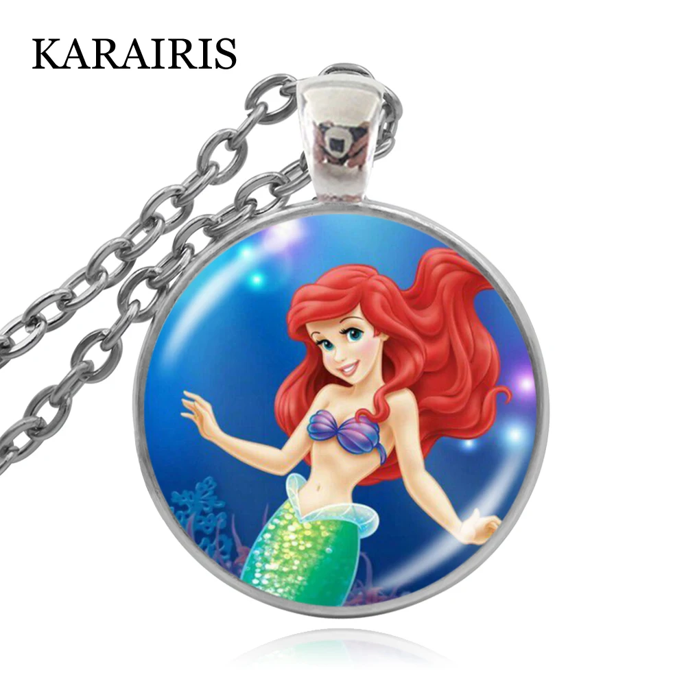 

KARAIRIS Brand Fashion The Little Mermaid Necklace Glass Dome Cabochon Ariel Princess Pendant Kids Birthday Party Gifts