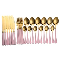 24pcs gold tableware set pink handle flatware cutlery sets 24 pieces golden forks knives spoons stainless steel dinnerware set