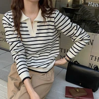 autumn vintage lapel striped pullover sweater womens winter casual long sleeve v neck knit top
