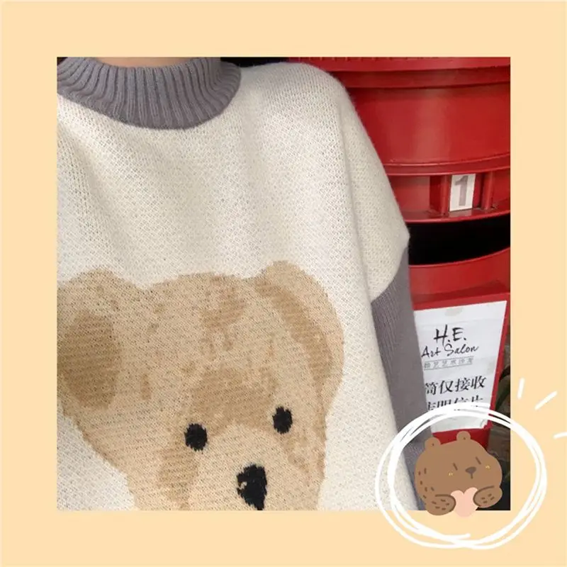 

Lovely women Sweaters Loose Color Round Collar Bear Maiden White Spring Autumn Winter Round Neck Pullover Small Fresh Long