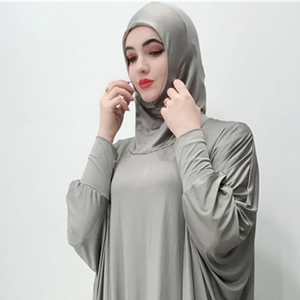 

Muslim Women Dresses For Women High Quality Elegant Solid color Headgear mosque bat sleeve robes Cardigan Ramadan Dress