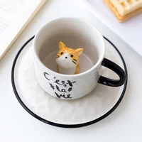 2022 newcute cat relief ceramics mug with tray coffee milk tea handle porcelain cup novelty gifts