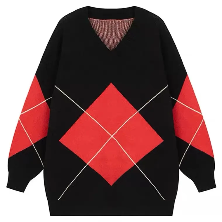 

Hsa Women Casual Sweater and Pullovers Black and White Casual Argyle Korean Chic Pullover and Jumpers Knitted Korean Tops