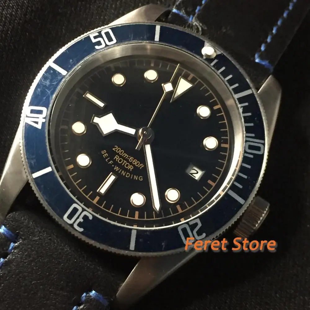 Corgeut 41 мм черный циферблат синяя рамка белые метки сапфировое стекло чехол из