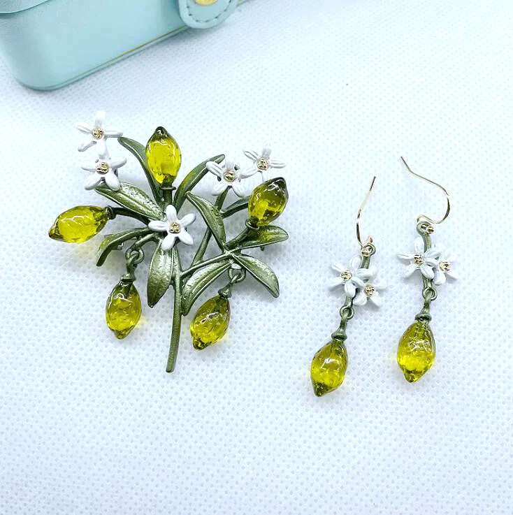 CSxjd новый стиль лимонный цветок зеленый лист краска Женская Винтажная брошь