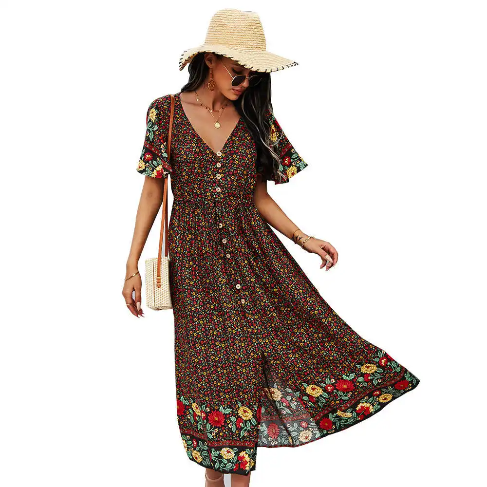 

woman girl ladies women dresses sexy dependent and design of fashion women's dress 2021 summer V-neck swing medium length skirt