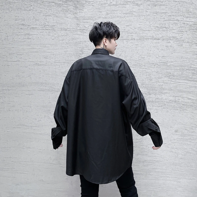 

Male Streetwear Fashion Loose Hip Hop Shirts Men's White Black Long Sleeve Buckle Casual Shirt