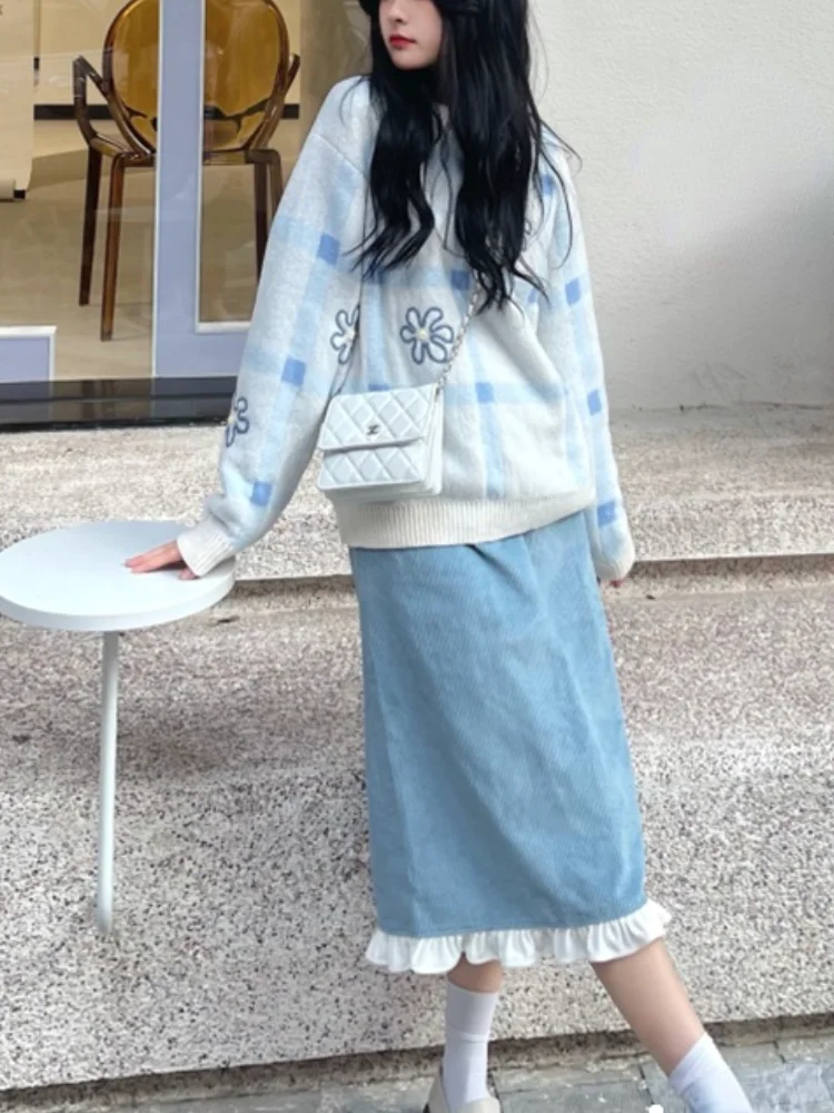 

Winter Sweet Elegant 2 Piece Set Women Warm Knitted Sweater Pullovers + Ruffle Midi Skirt Korean Kawaii Warm Set Clothing 2021