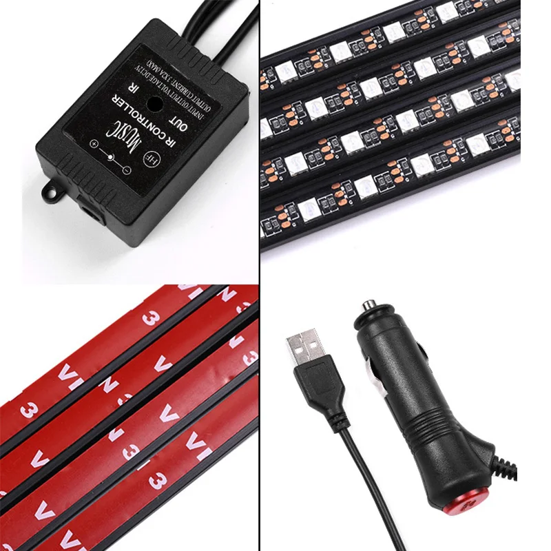 LED Car Foot Light Ambient Lamp With USB Cigarette Lighter Wireless Remote Music Control Automotive Interior Decorative Lights | Автомобили
