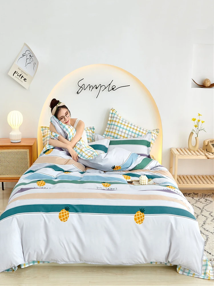 

10 colors Home Textile Sanding Aloe Cotton Four Piece Bed Set Lovely Pineapple Design Simple Bedding Set With Pillowcase Duvet