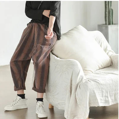 Coffee color Осенние брюки женские Модные свободные вельветовые брюки новые эластичные талии карман полосатые повседневные женские брюки - Цвет: Coffee color