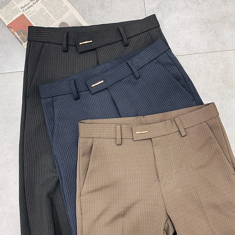 

Мужские классические брюки, повседневные зауженные брюки в полоску, с высокой талией, для свадьбы, уличная одежда, 2021