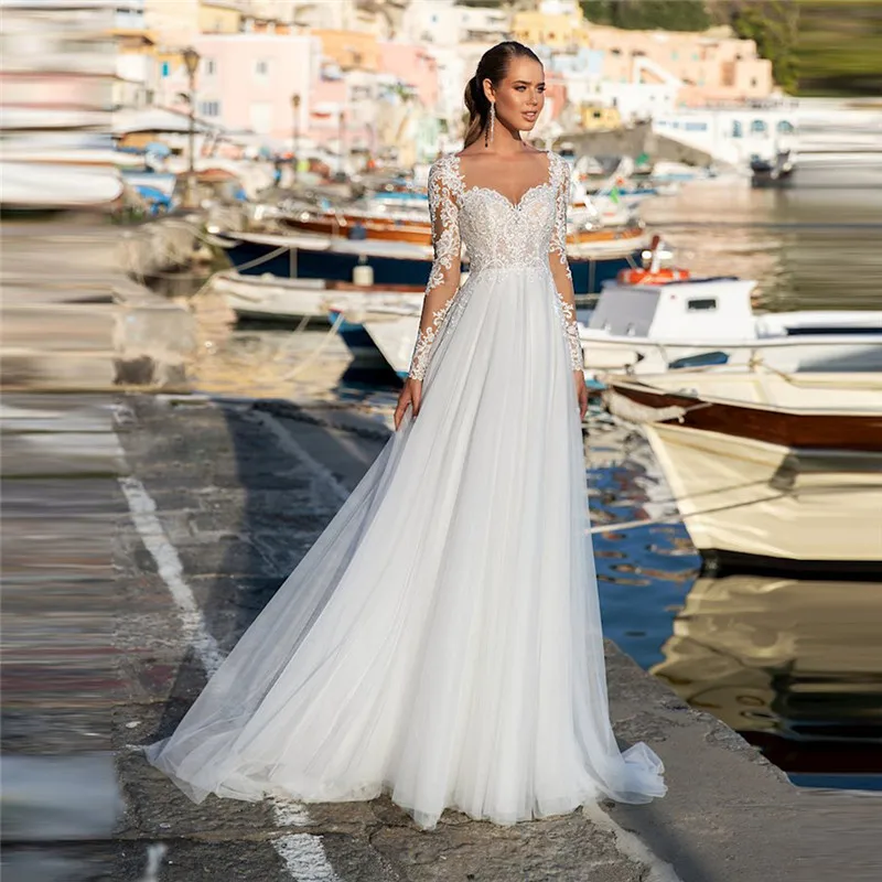 

Кружевное свадебное платье-трапеция из тюля, с длинным рукавом и круглым вырезом, с аппликацией, 2021