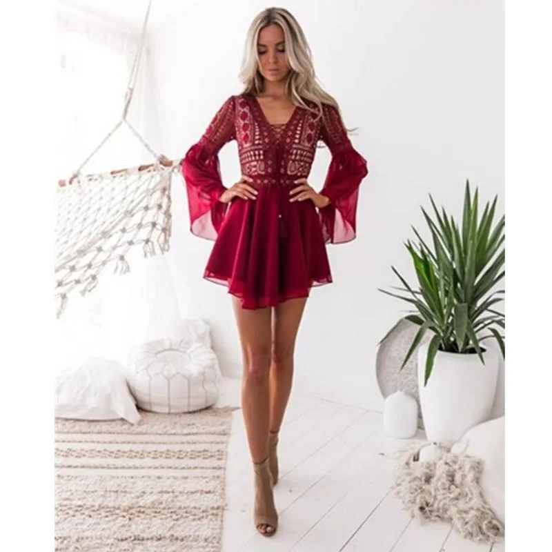 

Women Dress Summer Lace Hook Flower Hollow Sexy V Collar Bandage Long-sleeved Chiffon Dress Fashion Vestido Feminino Donsignet