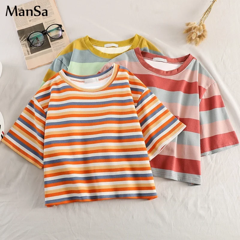 Корейские кавайные радужные полосатые футболки летние новые Графические