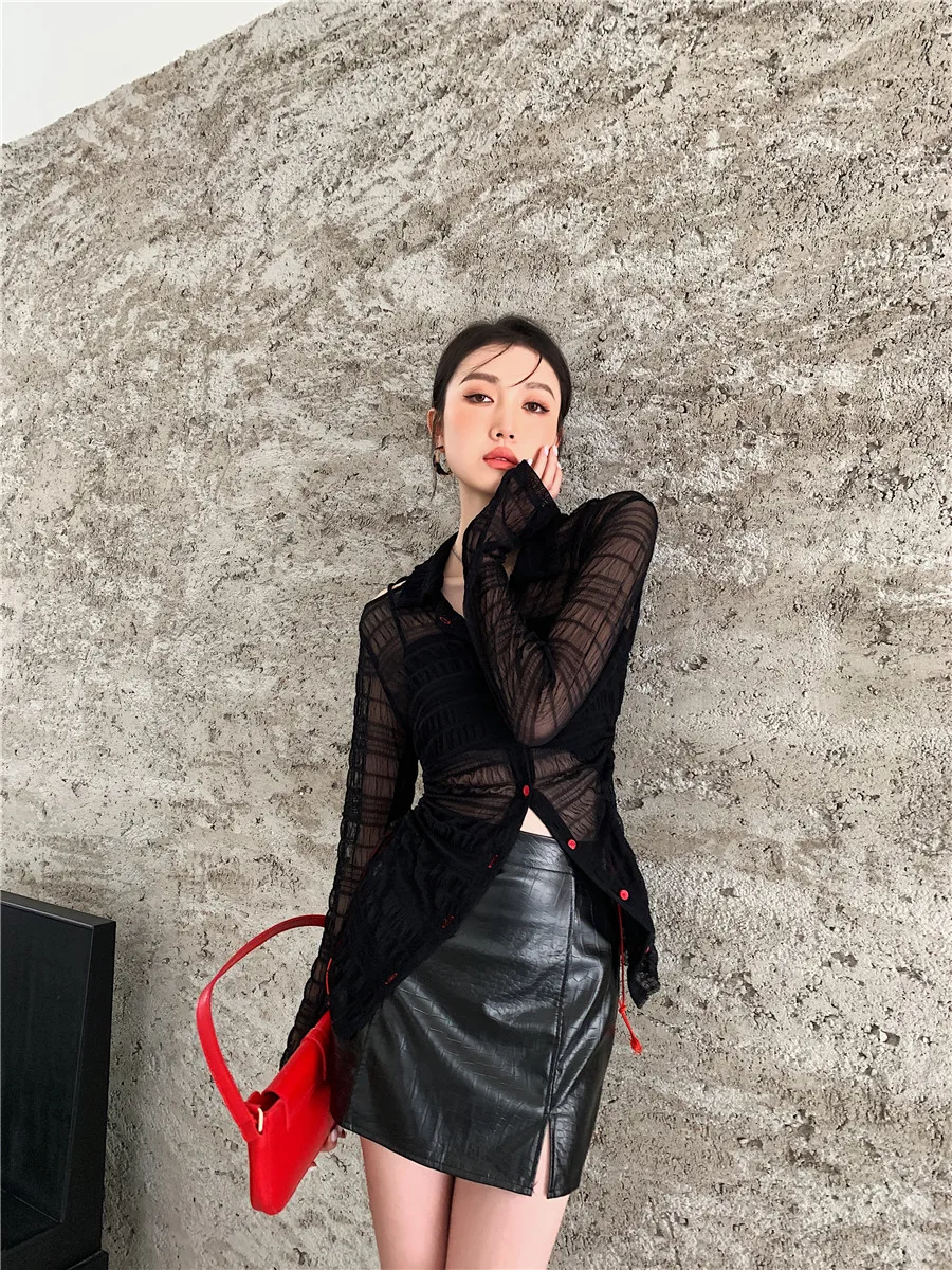 

SHENGPLLAE Elegant Sunnscreen Mesh Blouse Women's Summer 2021 New Lapel Slim Single Breasted Long Sleeve Hollow Shirt Tide 5C662
