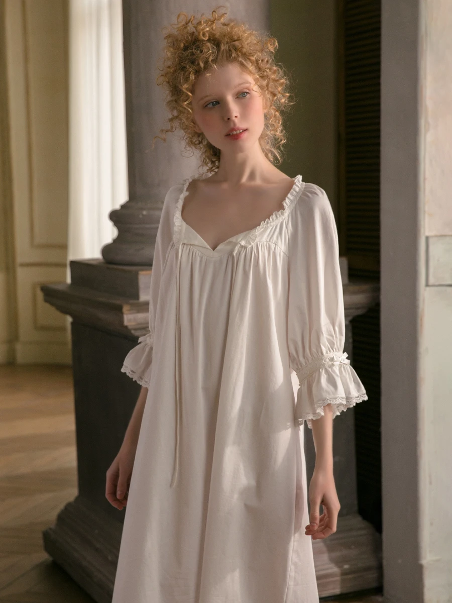 

Cotton Nightgown Women Sweet Lovely Sleepwear White Nightgown Spring Autumn Leisure Fashion Cotton Sleepwear Original