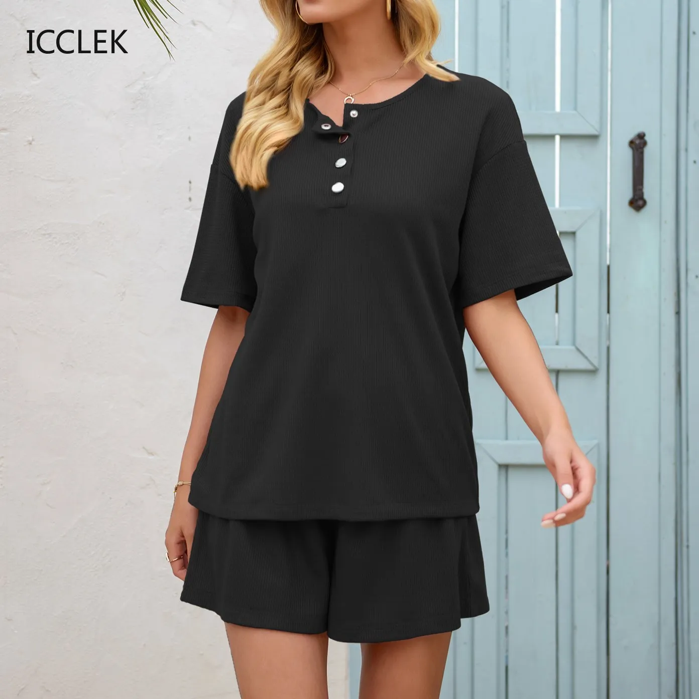 

Lace Up Oversize Shorts Sets Women Casual Tracksuit O-neck Tops And Mini Shorts Suit 2021 Summer Women Two Peice Sets Loungewear