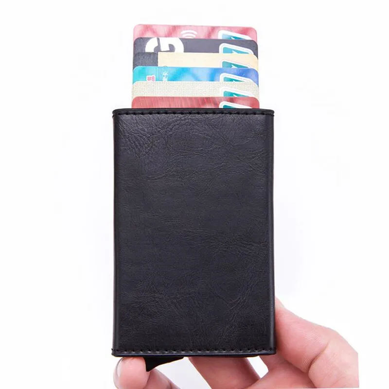

Vintage Antitheft Men Credit Card Holder Blocking Rfid Wallet Leather Unisex Security Information Aluminum Metal Purse fashion