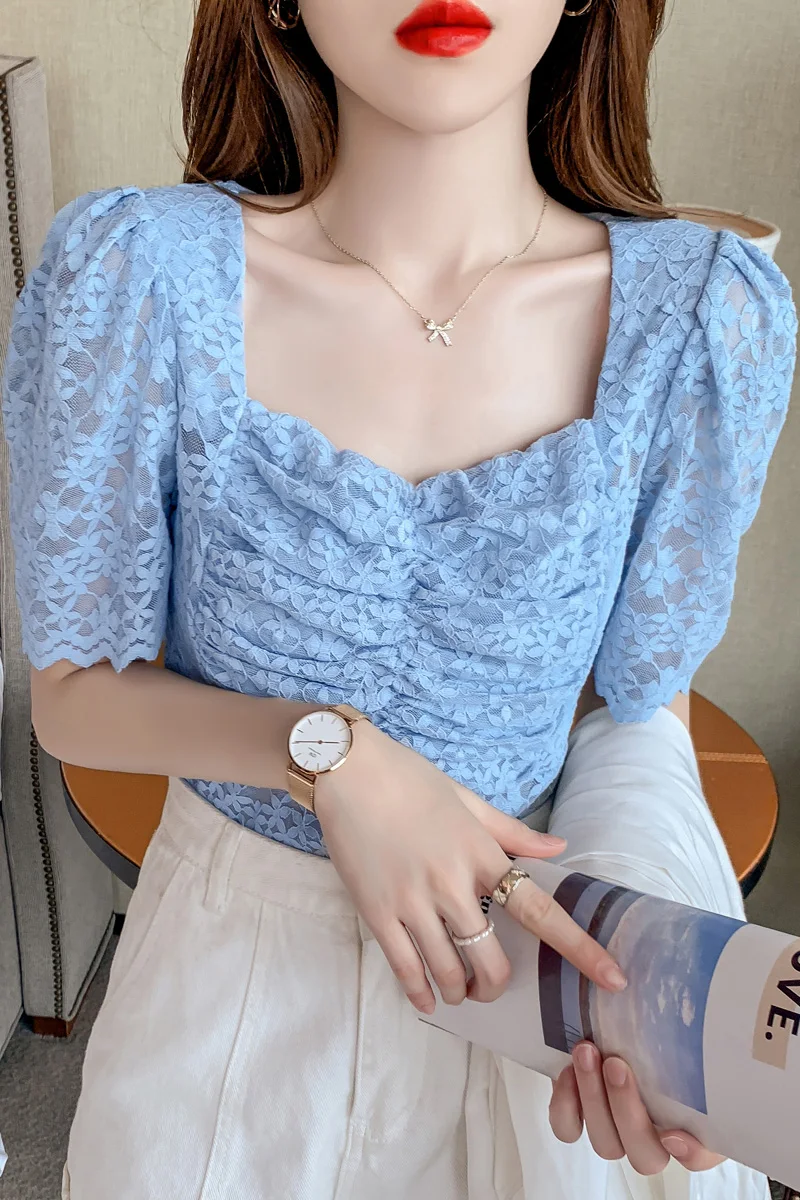 

COIGARSAM Cute Lace korean blouse women New Summer Puff Sleeve Pleated Hollow Out blusas womens tops and blouses White Blue