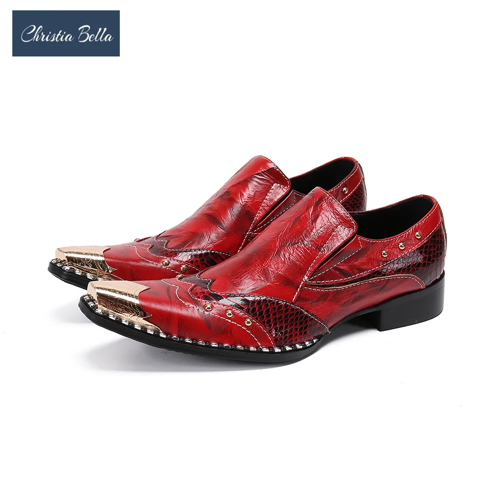 

Christia Bella Italian Rivets Men Real Leather Shoes Red Plus Size Party Prom Formal Dress Shoes Business Oxford Leather Shoes