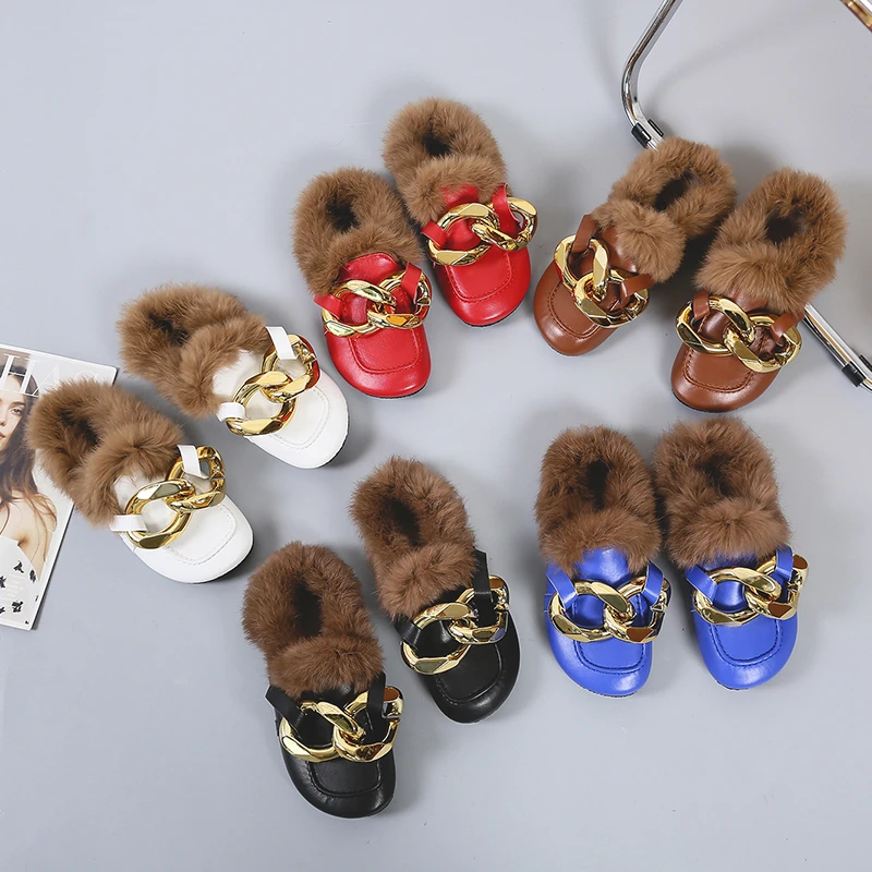 

Winter Real Rabbit Fur Slippers Women Cotton Shoes Moccasins Pantuflas Cover Toe Warm Plush Slides Metal Chain Furry Mules 2021