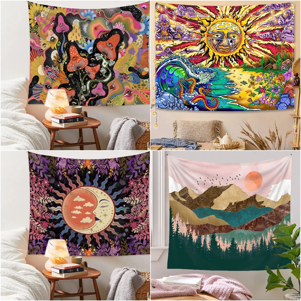 Настенный гобелен в стиле бохо с узором Триппи Луной и карточкой Таро настенный