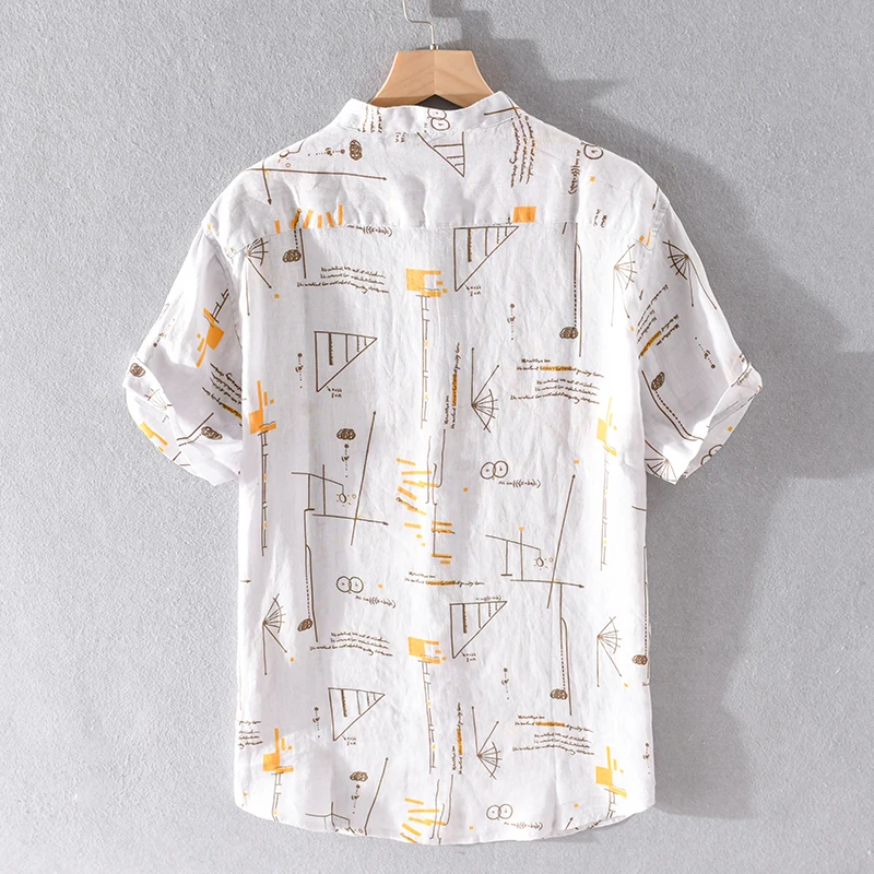 100% Linen stand collar summer shirt men brand fashion shirts for men casual short sleeve shirt mens chemise overhemd